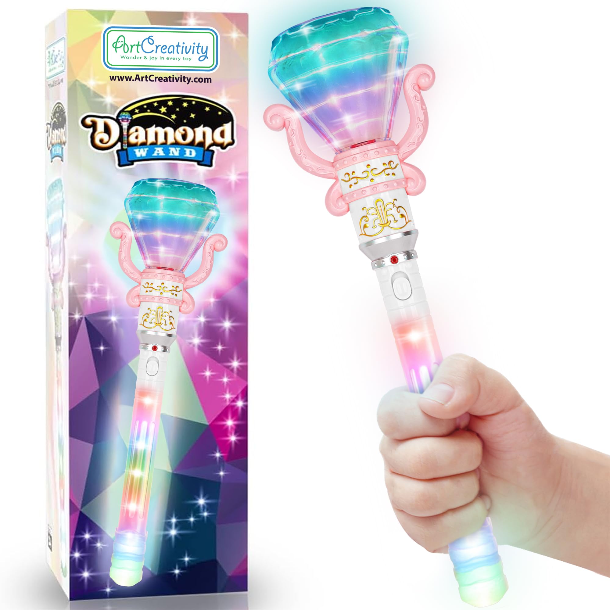 ArtCreativity Light Up Spinning Diamond Princess Wand for Kids - Fairy Wand with Spinning LEDs, Batteries Included - Light Up Wands for Girls and Boys, Perfect Pretend Play Toys