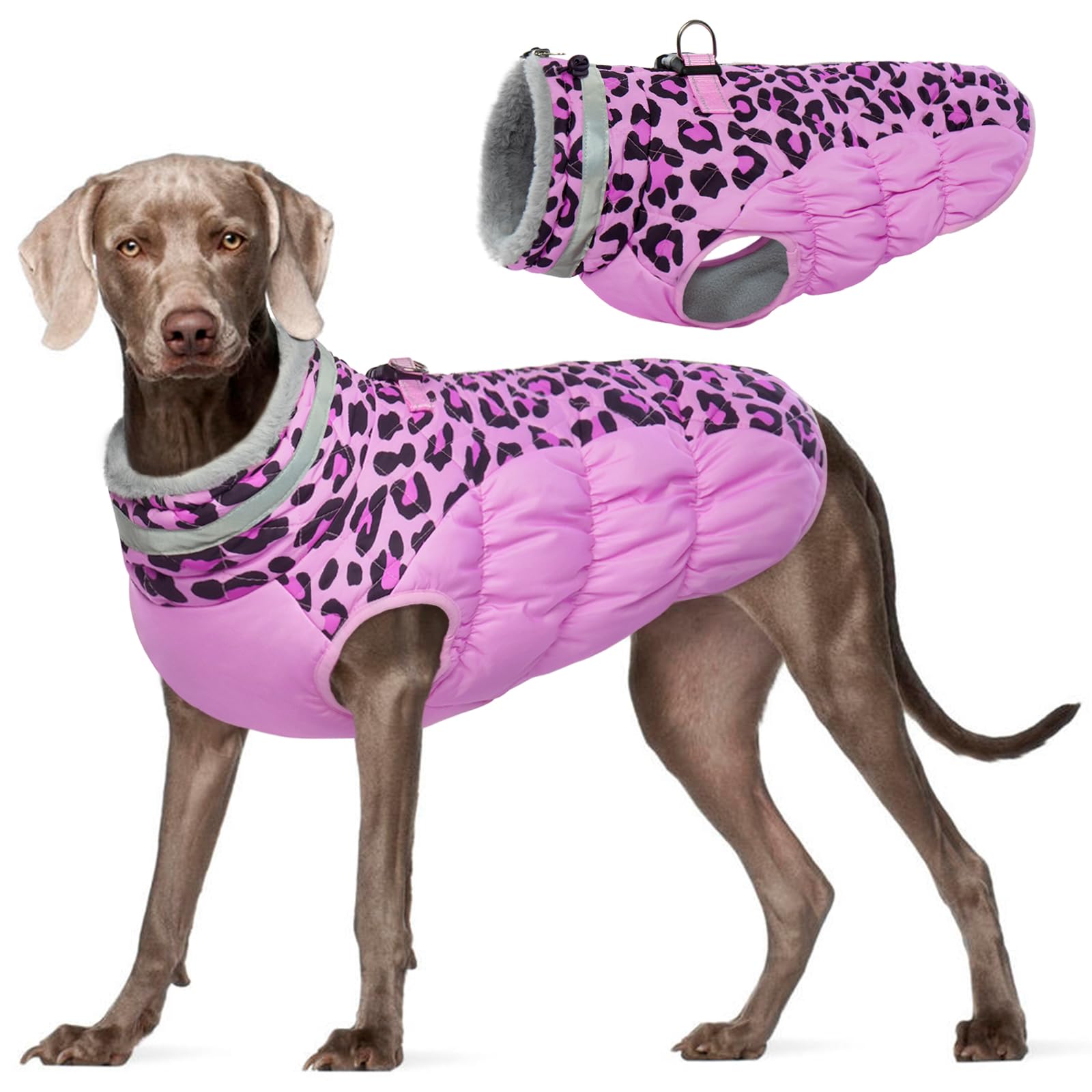 Photo 1 of FUAMEY Dog Coat for Large Dogs,Waterproof Dog Winter Jacket with Harness Built in Puppy Cold Weather Coats Reflective Pet Vest with Zipper Warm Fleece Dogs Snowsuit Windproof Pink Leopard XL