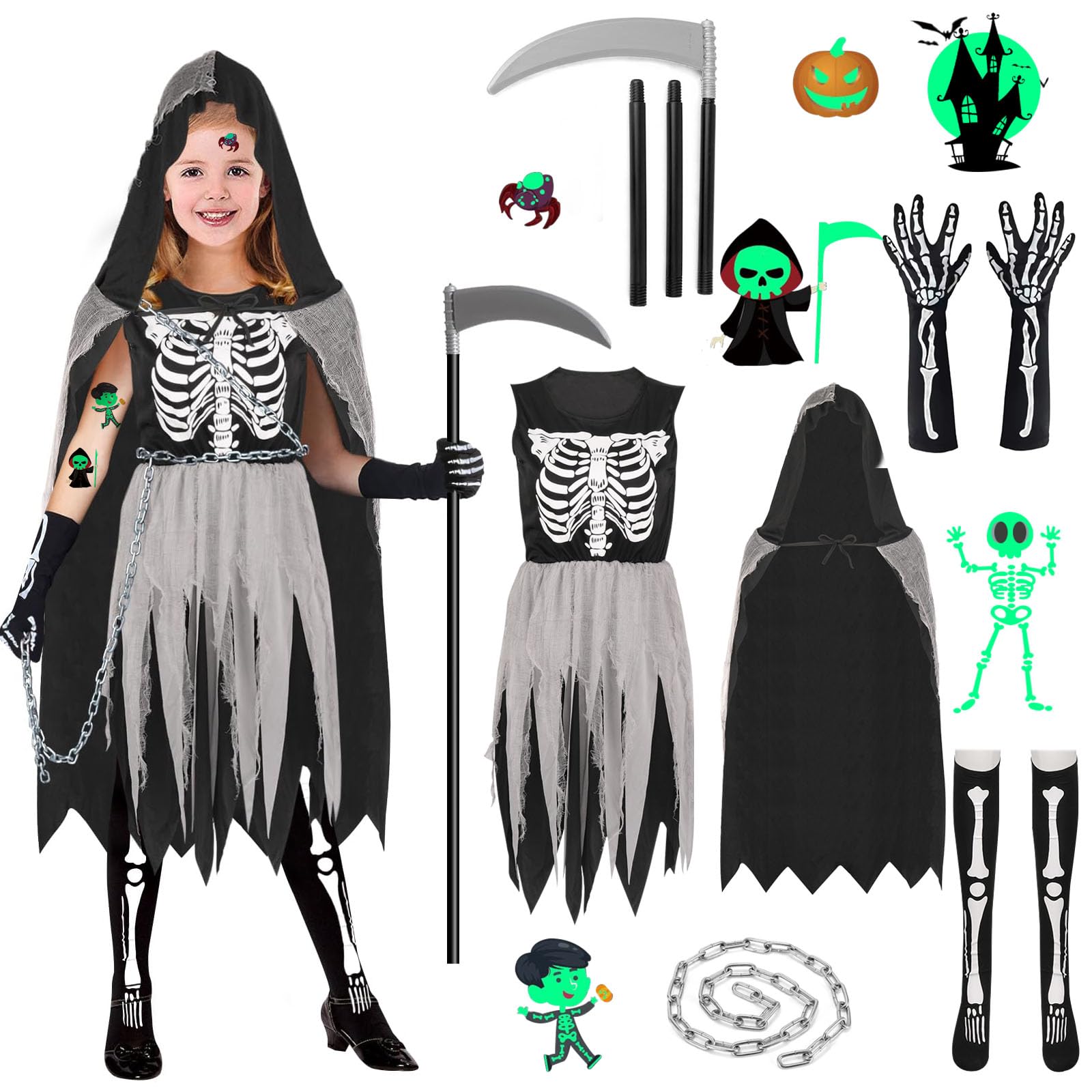 Grim Reaper Costume Kids Girls Skeleton Costume Kids 10-11 11-12 Year Halloween Grim Reaper Robe Death Costume Skeleton Dress Girls Grim Reaper Cloak Black Halloween Scythe Grim Reaper Gloves Skeleton
