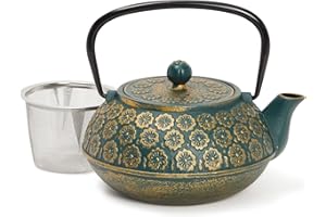 Juvale Green Floral Cast Iron Teapot Kettle with Stainless Steel Loose Leaf Infuser (34 oz)