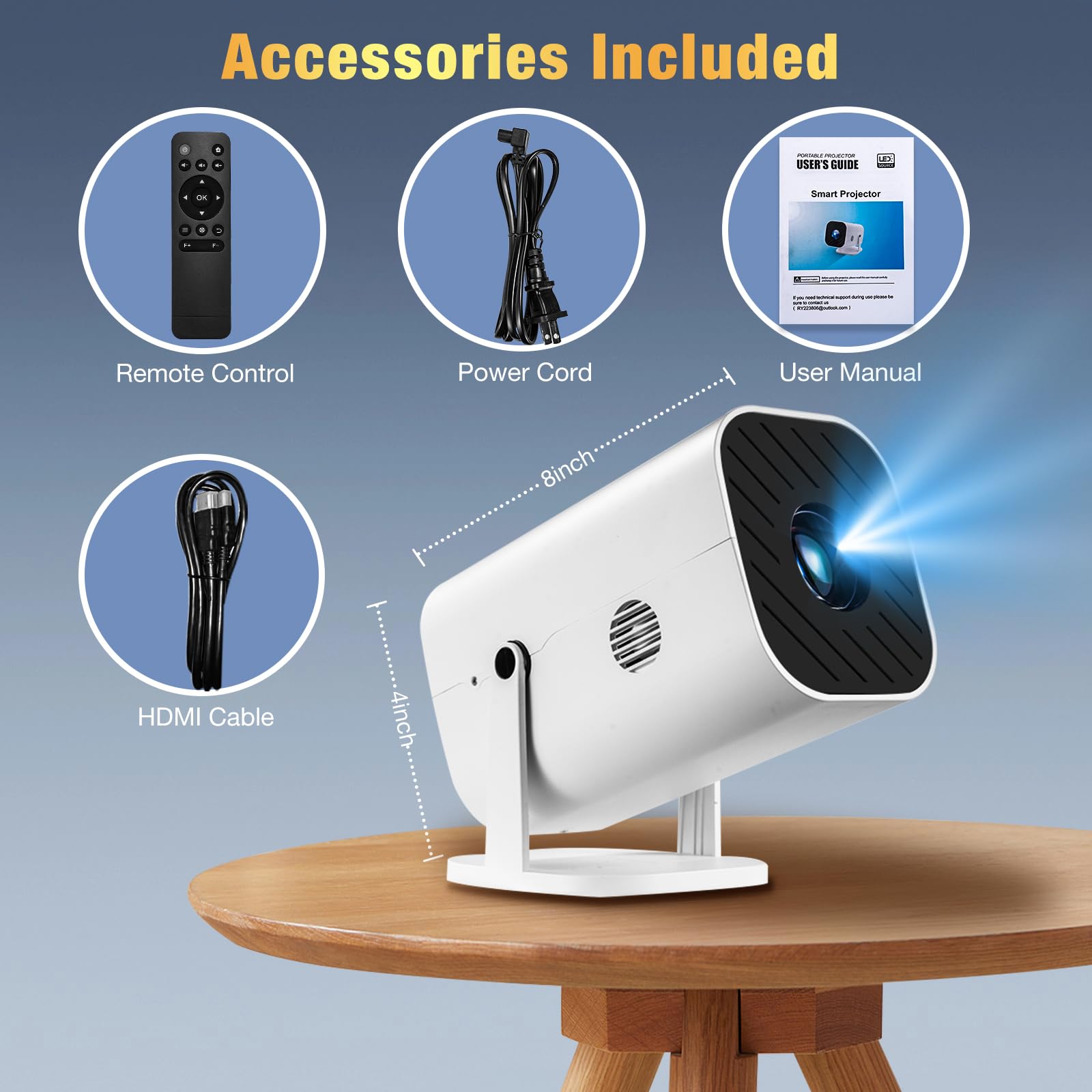 【Aplicaciones integradas, enfoque eléctrico y rotación de 210°】Mini proyector con WiFi y Bluetooth, proyector portátil 1080P, proyector de películas para dormitorio, compatible con teléfonos inteligentes/TV Stick/iPad/PS5/portátil/HDMI/USB