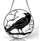 Raven Gothic Stained Glass Window Suncatcher Black Crow Sun Catcher Hanging Decor for Home, Garden, Patio & Halloween Real Hand-Painted Glass Ornament Ready to Hang Gift