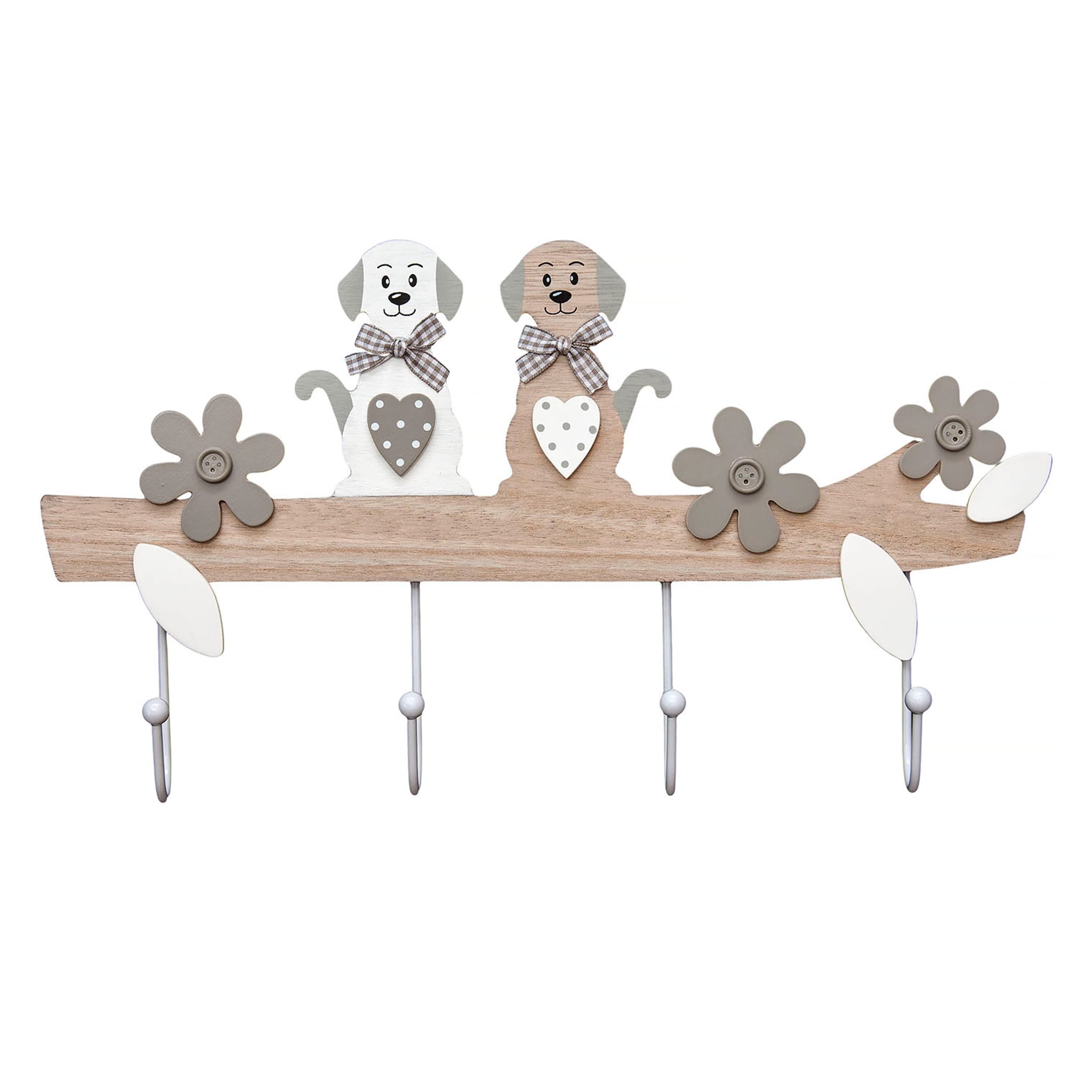 SPOTTED DOG GIFT COMPANY Coat Hooks Wall Mounted Coat Rack, Cute Decorative Wooden 4 Hook Wall Hanger for Clothes Keys Leads, Dog Themed Home Decor Accessories Gift for Dog Lovers Adults and Kids
