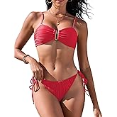 ZAFUL Women's U Wired Bikini Set Textured Bandeau Swimwear Tie Side High Cut Swimsuit Sexy 2 Piece Bathing Suit