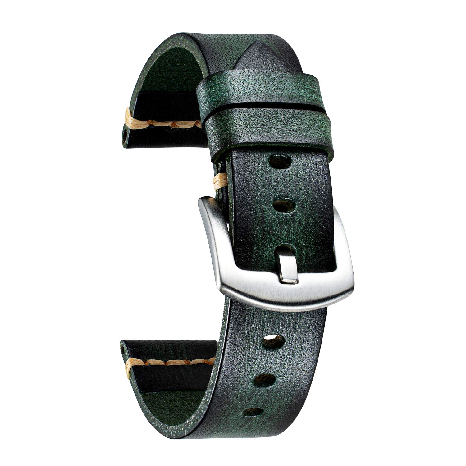 BINLUN Leather Watch Strap for Men Women, Handmade Vintage Leather Watch Band 18mm 20mm 22mm 24mm 26mm Replacement Retro Straps, Green Watch Strap 24mm with Silver Stainless Steel Buckle