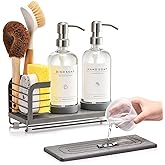 Kitchen Soap Dispenser Set with Drying Tray – 16oz Glass Bottles with Stainless Steel Pumps, Sink Organizer Caddy with Brush Holder & Non-Slip Feet – All-in-One Dish & Hand Soap Station