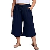 goodmansam Women's Plus Size Capri Culottes Pants High Waisted Wide Leg Palazzo Trousers with Pockets for Summer Casual Wear