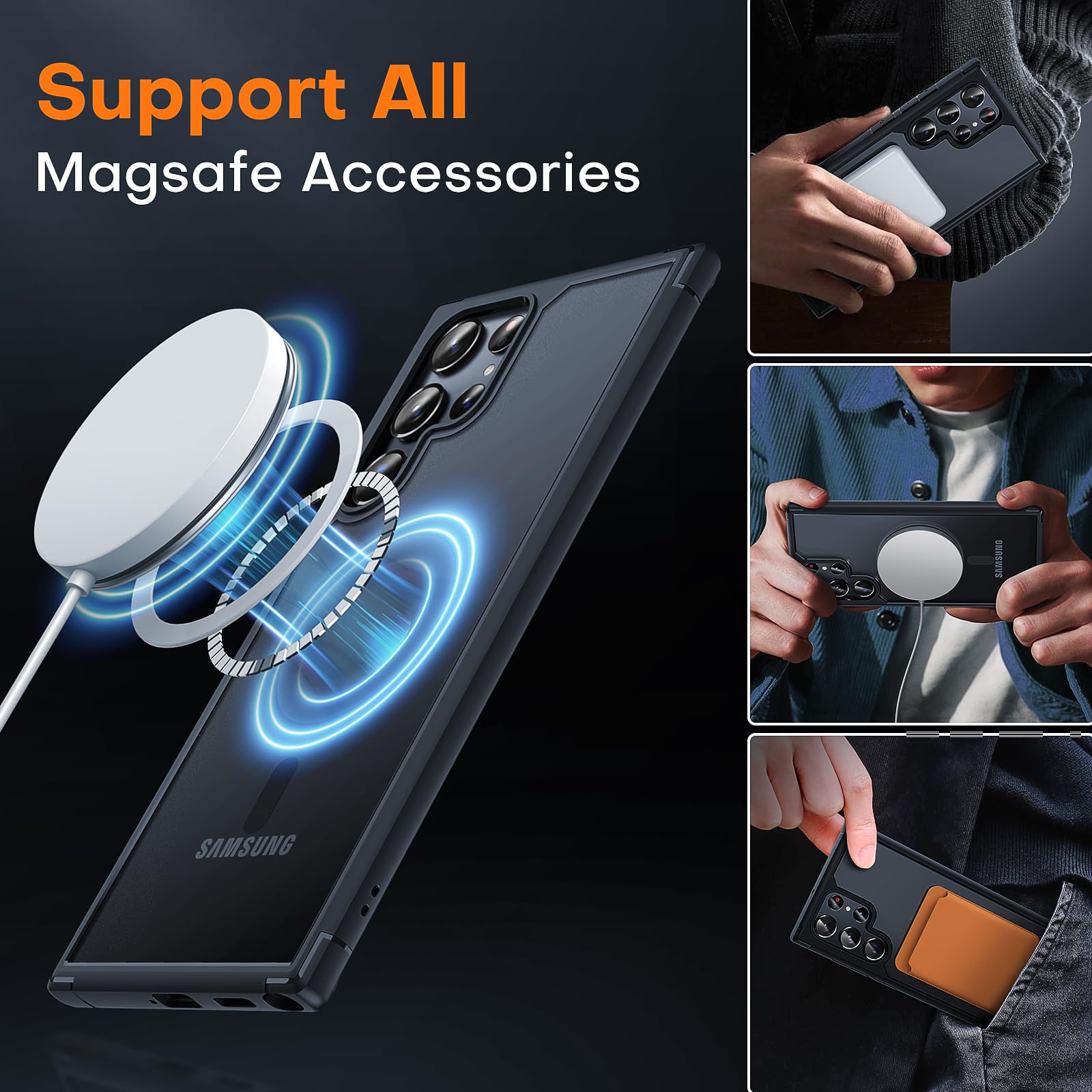 TOCOL for Samsung Galaxy S22 Ultra Case Magnetic, [Wireless Charging Compatible ][Military Drop Protection] Translucent Matte Back Cover for S22 Ultra, Black