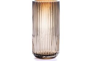 TIMEFOTO Flower Vase 9.7 inch Amber Thickened Hand Blow Glass Vase Round Vintage Striped Bottles for Bookshelf,Dinner Table,Indoor Office Desktop,Meeting Room,Bathroom,Home