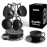 MIAMIO - Set of 6, Ceramic Stackable Cappuccino Cups Set / 6 Ounce Cappuccino Mugs and Saucer with Metal Stand for Coffee Drinks, Cafe, Latte, Americano and Tea - Le Papillon Collection (Black)