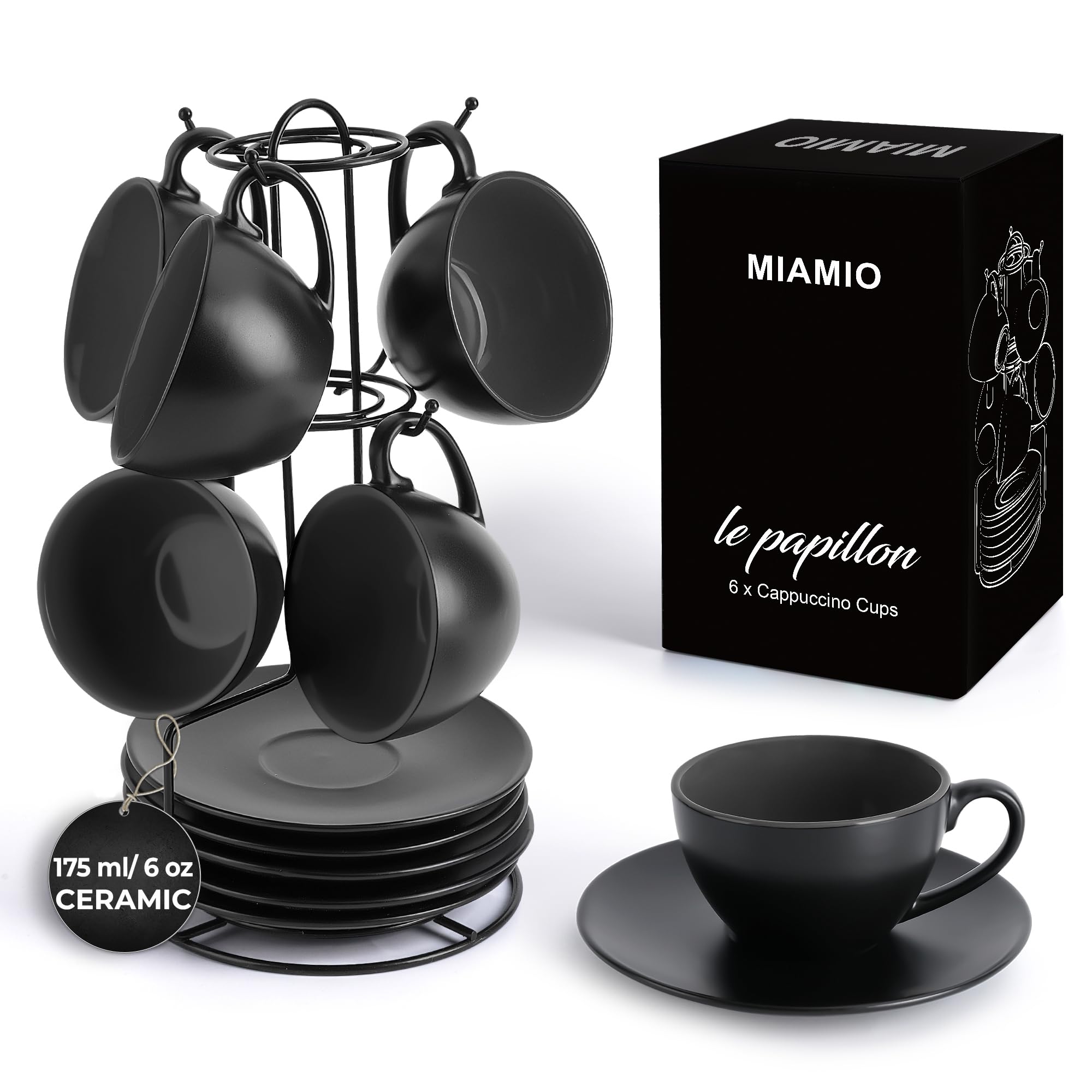 Photo 1 of MIAMIO - Set of 6, Ceramic Stackable Cappuccino Cups Set / 6 Ounce Cappuccino Mugs and Saucer with Metal Stand for Coffee Drinks, Cafe, Latte, Americano and Tea - Le Papillon Collection (Black)