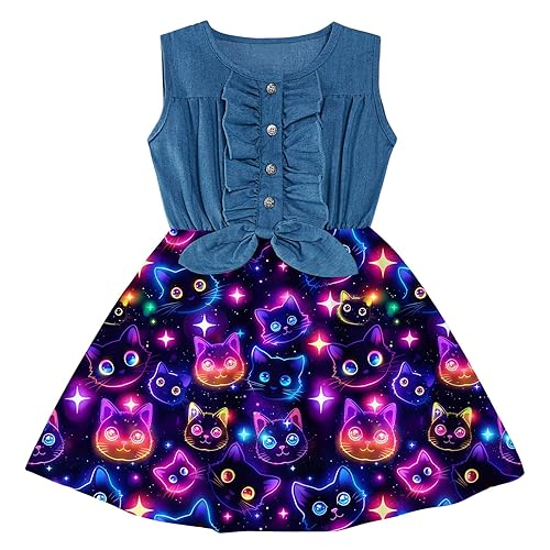 Cutemile Toddler Girls Summer Dress Size 4 Sleeveless Dresses Beautiful Bowknot Sundress Denim Tutu Skirt 3-4T Neon Cat