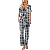 Ekouaer Women Pajamas Set Button Down Sleepwear Short Sleeve Nightwear with Long Pants Soft Pjs Set S-XXL