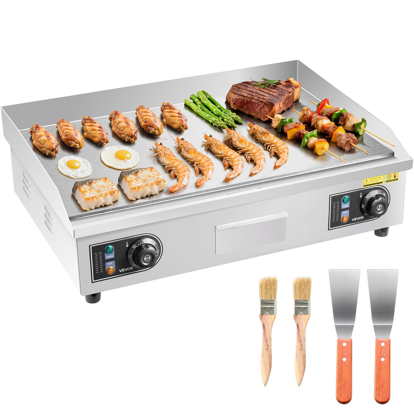View 1 of ** USED** VEVOR Commercial Electric Griddle, 25.79 x 15.75 inch, 2800W, 122-570°F Adjustable Temp Control, Stainless Steel Body, Full Flat, with 2 Spatulas, 2 Brushes, and 4 Foot Pads, for Steak(NO PLUG)