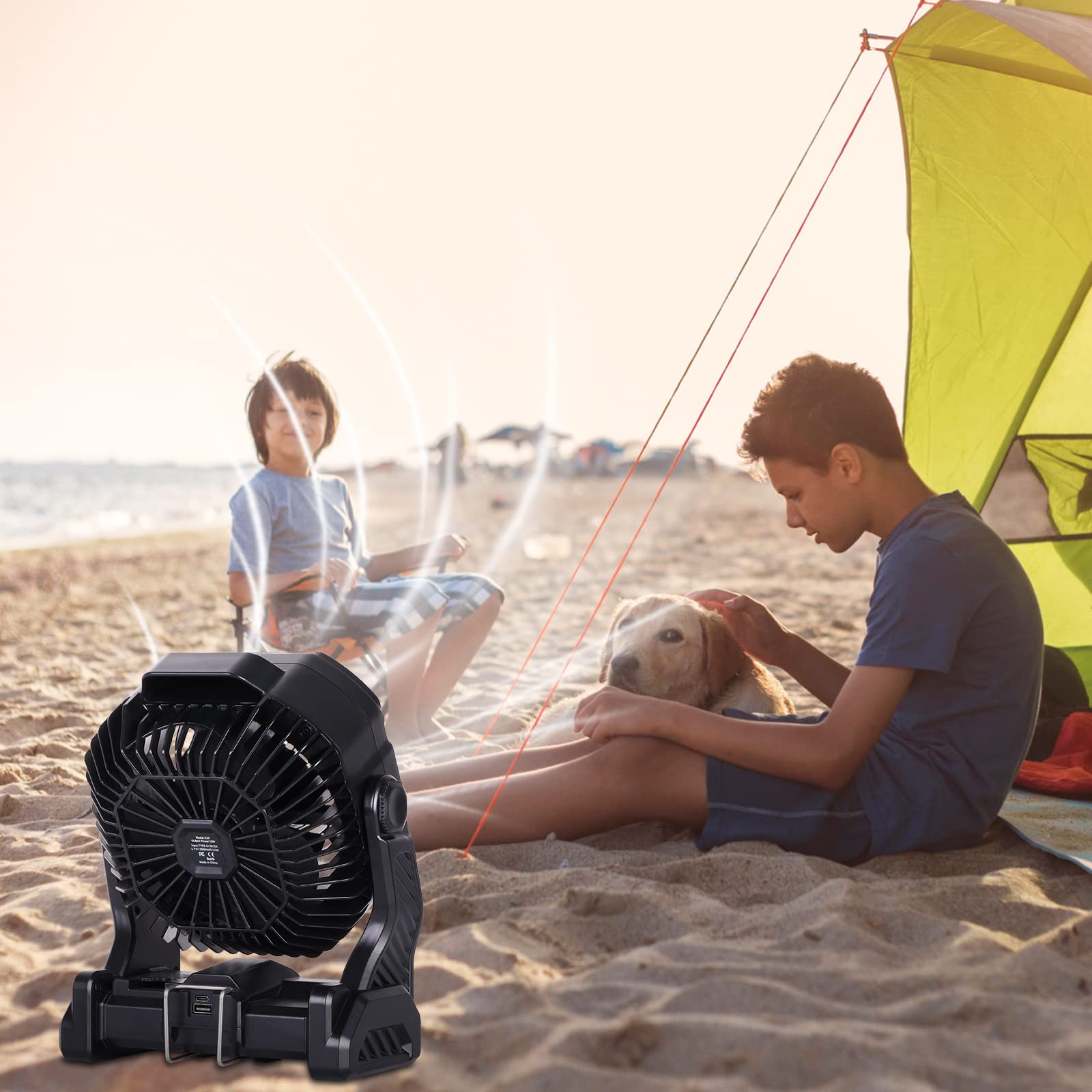Battery Powered Fan,20000mAh Camping Essentials Rechargeable Cordless Camping Fan with LED Light & Hook，270° Pivot USB Table Battery Operated for Tent Black X26
