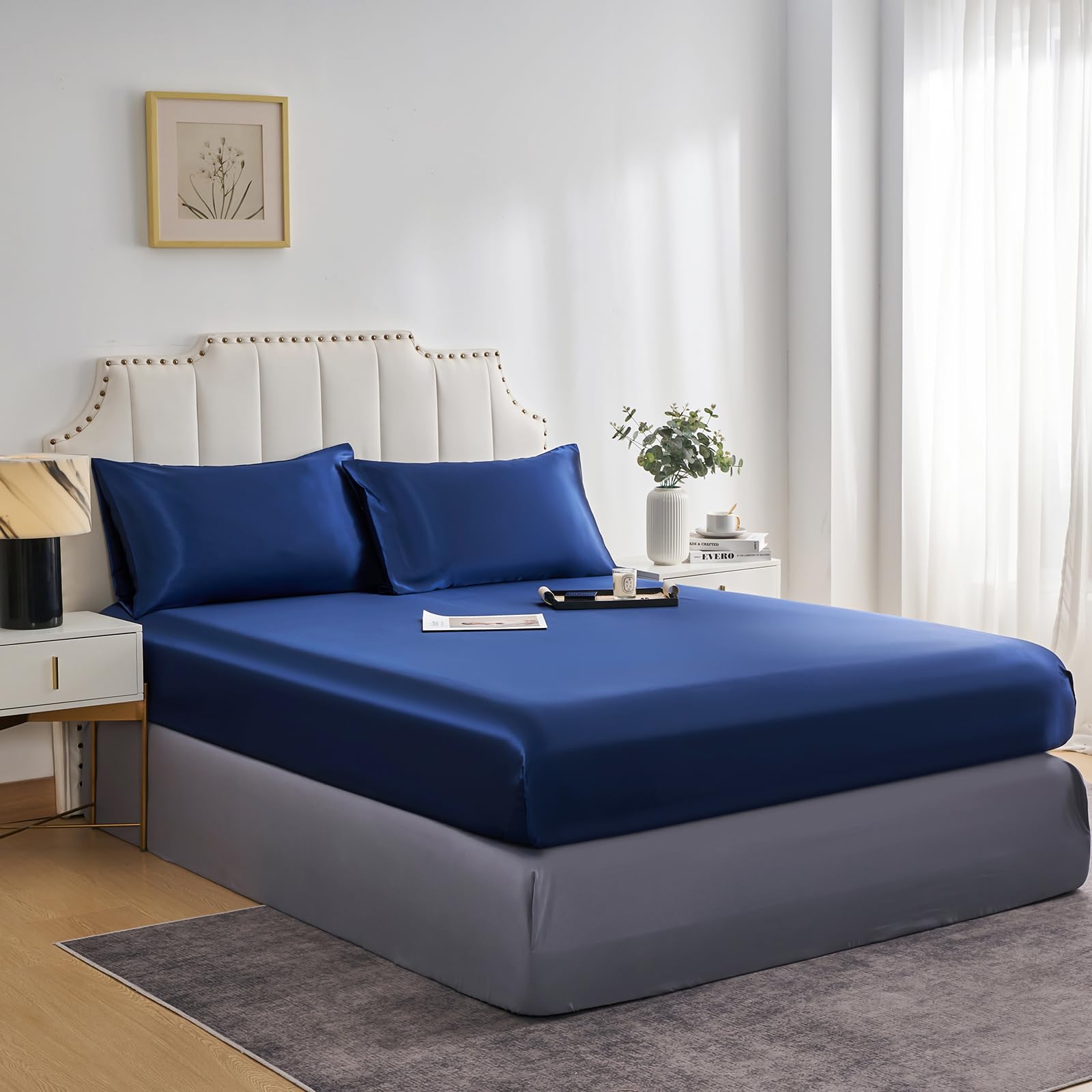 JHCHMX Double Fitted Sheet Navy Blue, Deep Pocket (35cm) Soft Polyester Satin Bed Sheet, Wrinkle Resistant & Silky Smooth Easy Care Bedding for Double Bed — image 1