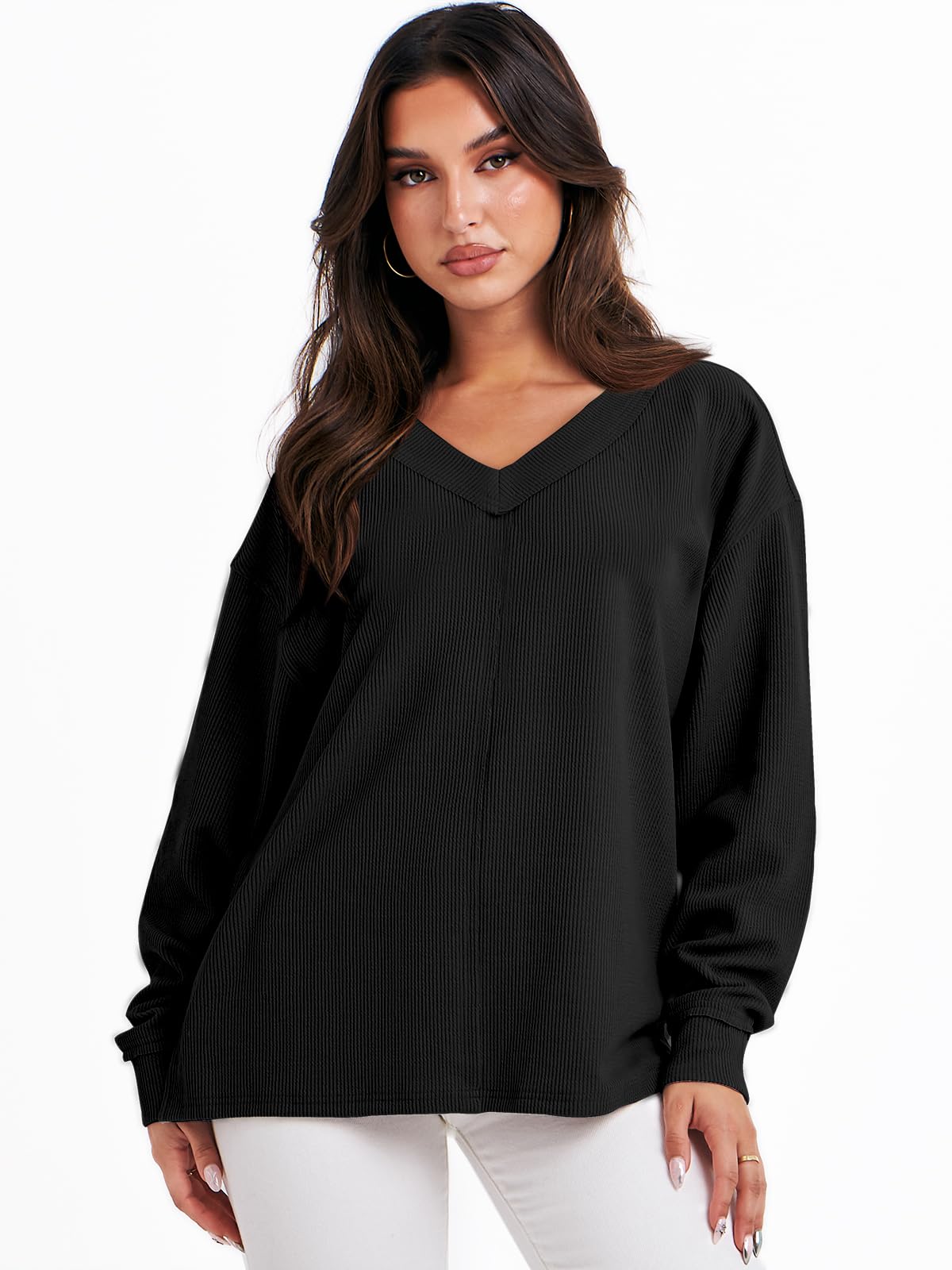 ANRABESS Oversized Long Sleeve Shirts for Women Off the Shoulder Sweatshirt Loose V Neck Tunic Tops High Low Sweater 2024