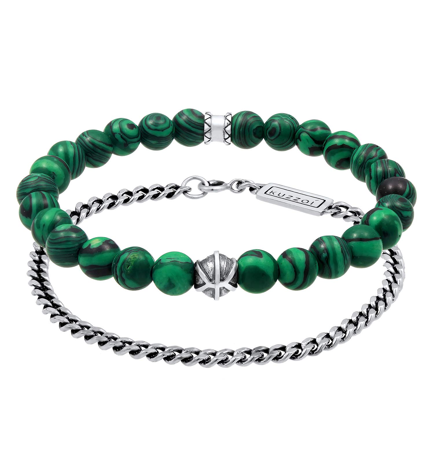 Kuzzoi men's bracelet set, one elastic gemstone bracelet with silver beads, malachite beads green and a chain bracelet for men, oxidised 925 sterling silver, length 21 cm