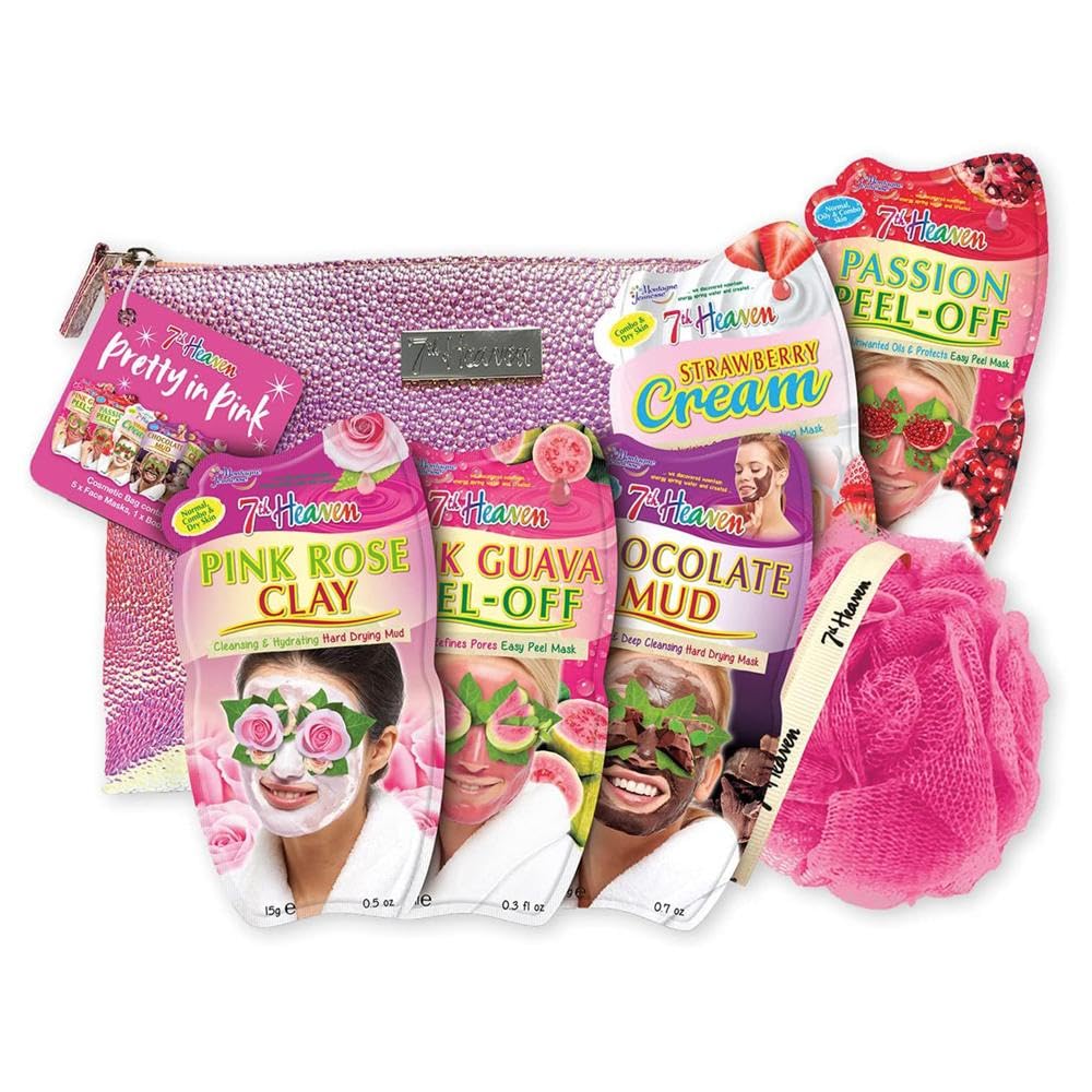 7th Heaven Pretty in Pink Face Masks Set and Bag (Contains 5 Masks, 1 Body Puff, 1 Cosmetic Bag) Clay, Mud and Peel Off, Pamper Gifts for Women - Genuine 7th Heaven Skincare