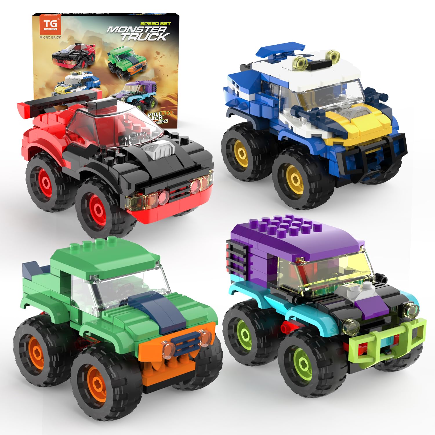 4 Pack Monster Truck Micro Brick Building Blocks Set, Pull Back Car Toy Vehicles Set, Birthday Party Favor or Gift for Teens Ages 8+ Kids
