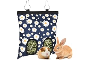 DUCYAK Upgraded Rabbits Hay Feeder Bag for Bunny, Guinea Pigs, Chinchillas - Hanging Washable 2-Hole Hay Dispenser with 600D Oxford Fabric, Small Animal Cage Accessories (Blue Daisy)