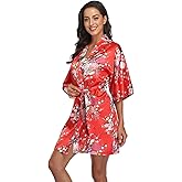 Women Floral Satin Kimono Robes Short Bridesmaid Robe for Getting Ready Wedding Dressing Gown