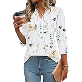 IECCP 3/4 Length Sleeve Womens Tops Dressy Casual Henley V-Neck Summer Tops Pleated T-Shirts Loose Fit Work Blouses