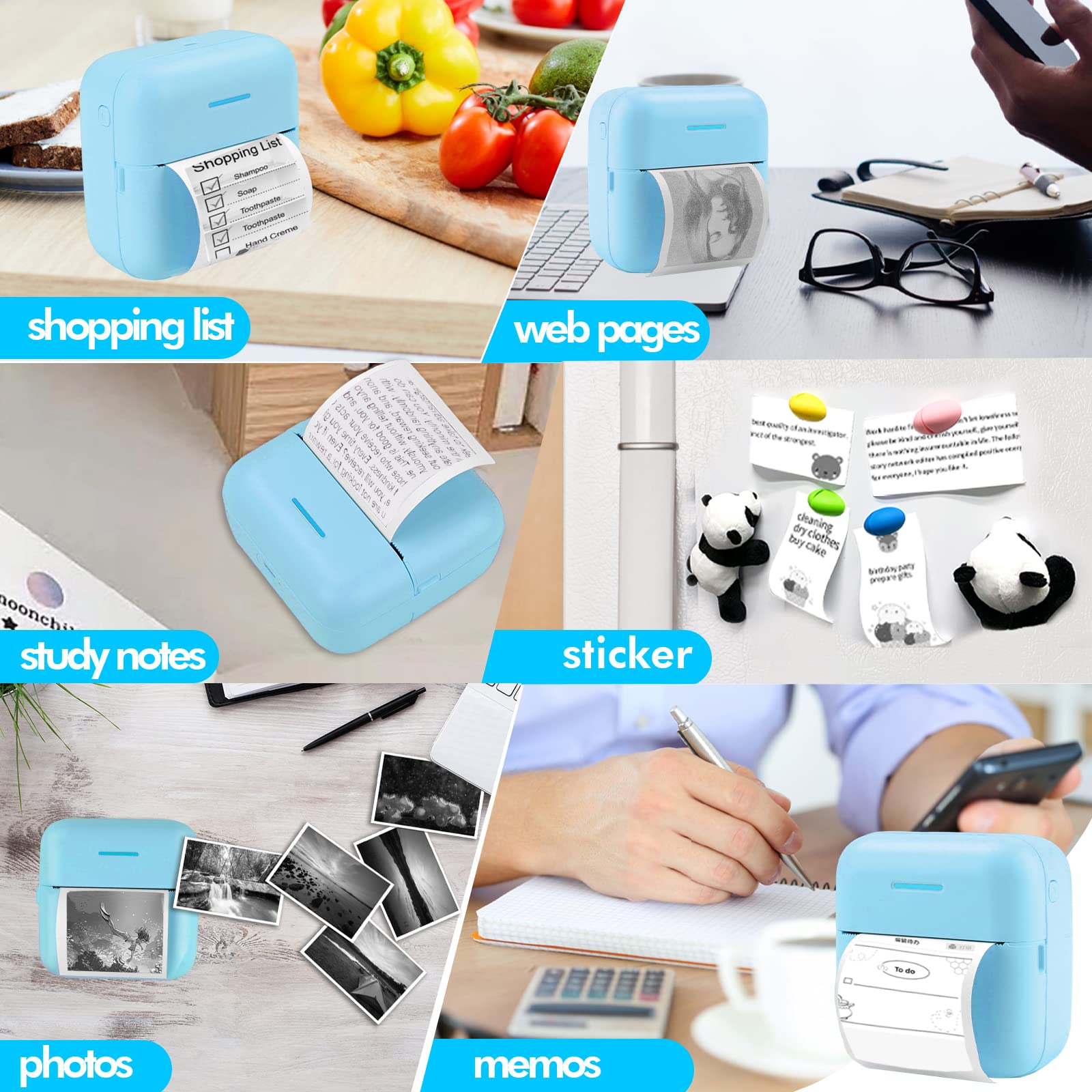 HuiJuKeJi Mini Sticker Printer Bluetooth Smart Pocket Inkless Thermal Printer with 11 Rolls Thermal Paper and Sticker for iOS&Android, Portable Receipt Printer for Photo Journal Notes Memo