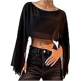 Verdusa Women's Punk Rivet Oversized Sheer Poncho Slit Flare Sleeve Going Out Chiffon Crop Tops