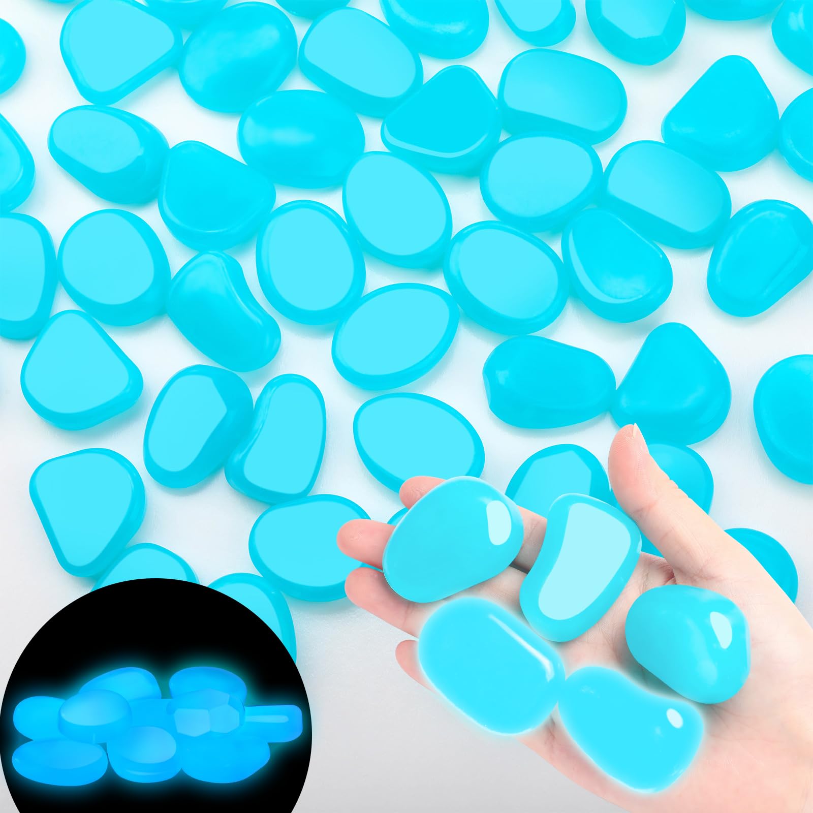 Photo 1 of Landical 100 Pcs Glow in The Dark Rocks Glow in The Dark Pebbles Outdoor Fish Tank Rocks Aquarium Gravel Luminous Stones for Walkway Succulent Plant Halloween Decor(1.8 Inch,Light Blue)