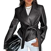 MEROKEETY Women's Fall Fashion 2025 Leather Jacket Casual Belt Button Down Blazer Trendy Coat Outerwear