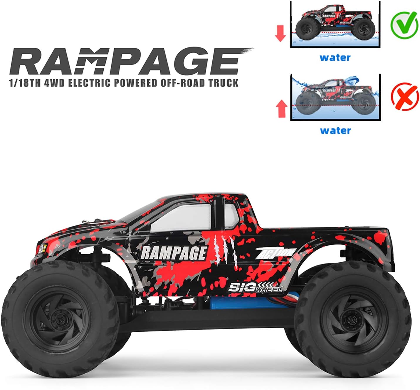 HAIBOXING 1:18 Scale All Terrain RC Car 36KM/H High Speed, 4WD Electric Vehicle,2.4 GHz Radio Controller, Included 2 Batteries and A Charger,Waterproof Off-Road Truck (Red): Toys & Games