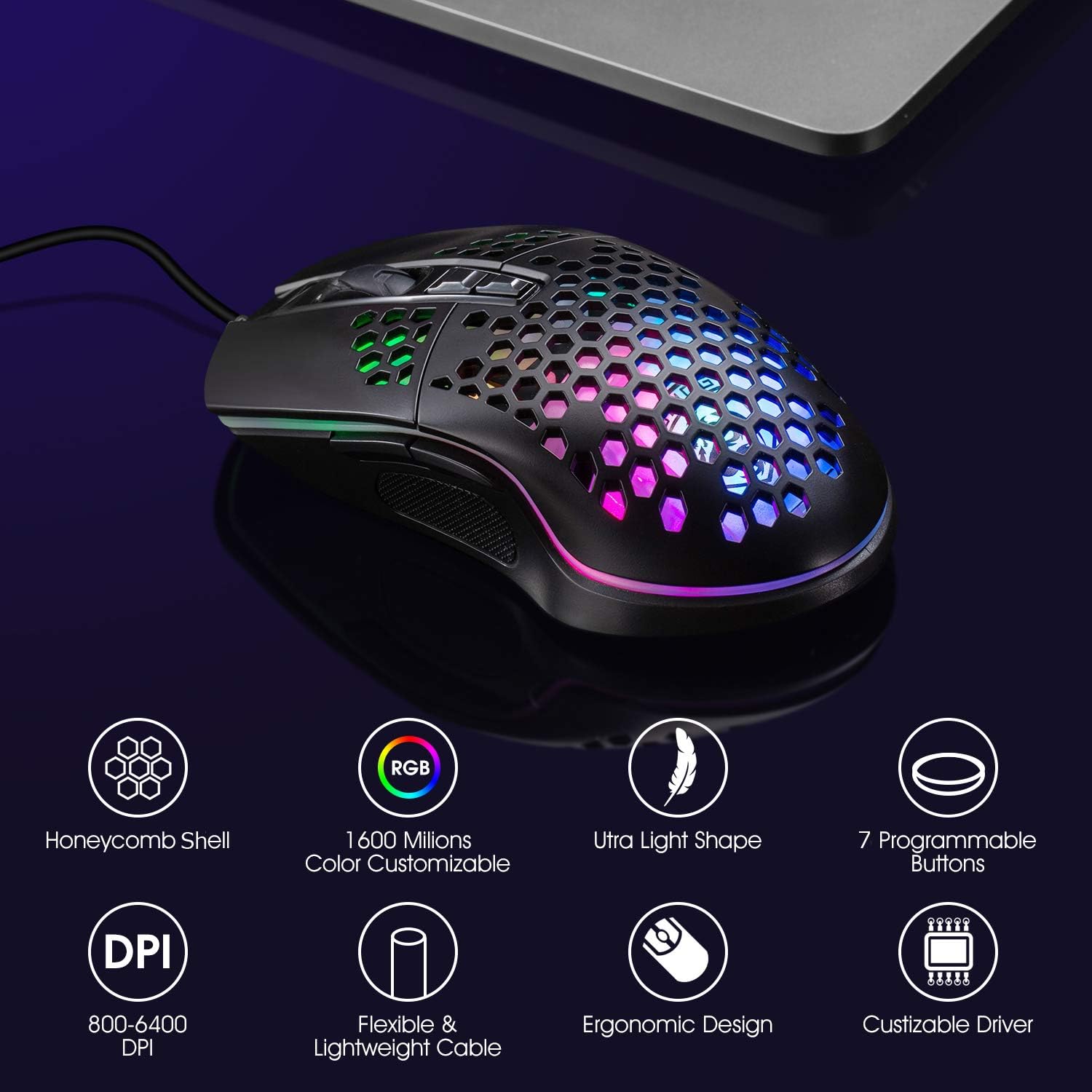 Lightweight Gaming Mouse, Wired USB PC Gaming Mice with Ultralight Honeycomb Shell, RGB Chroma LED Light, 6400 DPI Adjustable, Pixart 3325, Programmable 7 Buttons Mouse for Windows 7/8/10/XP: Computers & Accessories
