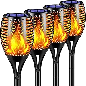 Flickering Flame Outdoor Solar Lights, Pack of 4 Home Path Decorative LED Solar-Powered Lighting with Auto On/off – Waterproof Landscape Decoration Light, Ideal for Pathways, Gardens, Backyard, Patio