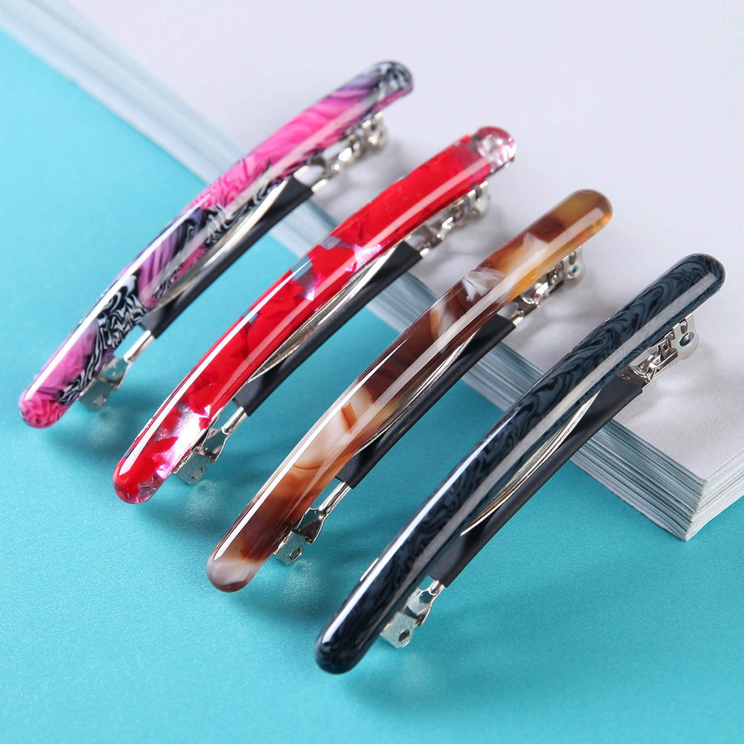4 Pcs Skinny Hair Barrettes for Women, Colorful Small Barrette Clips for Thin Fine Hair, Celluloid Automatic French Hair Clips for Women Ladies : Beauty