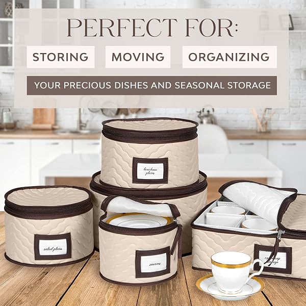 CHINA STORAGE CONTAINERS 5-PIECE SET MOVING BOXES FOR DINNERWARE, GLASSES, PLATES, MUGS AND SAUCERS STURDY QUILTED MICROFIBER DISH ORGANIZER WITH DIVIDERS FOR SEASONAL STORAGE – HOLDS SET OF 12