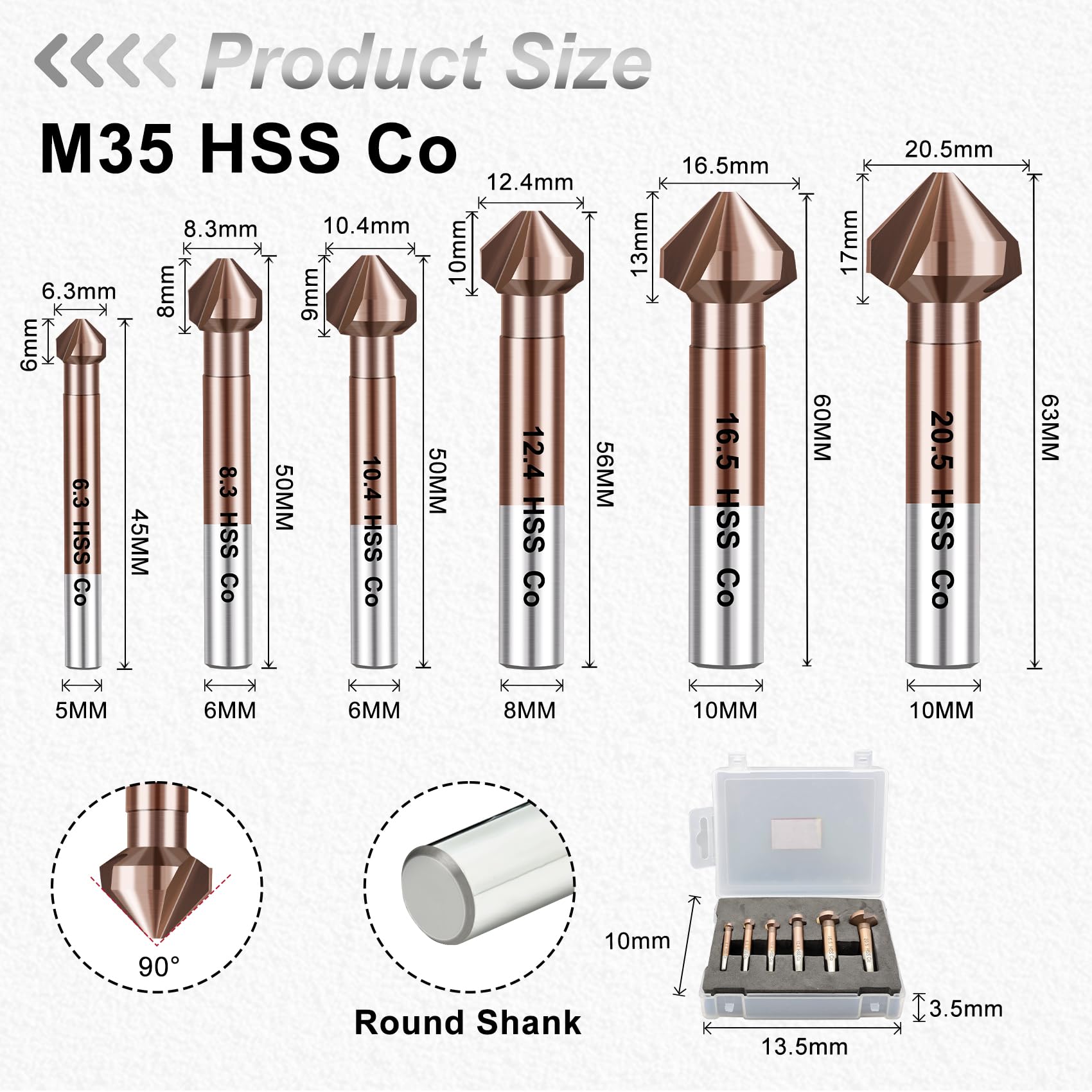 FOCSTOL Kegelsenker Bohrer HSS Set - 90° Kobalt Senker Bohrer Set mit Rundschaft für Edelstahl Kupfer Aluminium Holz Kunststoff 6 Stück (6,3/8,3/10,4/12,4/16,5/20,5mm) 2