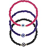 Tyebiva Colorful Beaded Evil Eye Stack Bracelets Set for Women, 3Pcs Handmade Stretch Bracelet Festive Holiday Accessories Jewelry Gift.