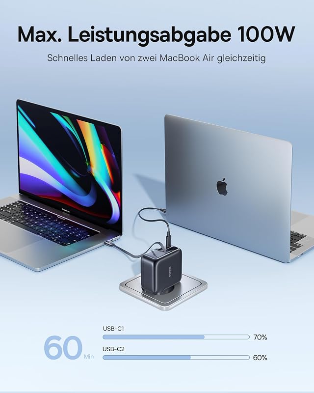 Enercore USB C Ladegerät 100W mit Ausziehbaren Kabel, 3 Ports GaN Netzteil, PD Schnellladegerät kompatibel mit MacBook Pro Air, Dell, HP, iPad, iPhone 17/16/15/14/13Pro Max Galaxy S25/24Ultra