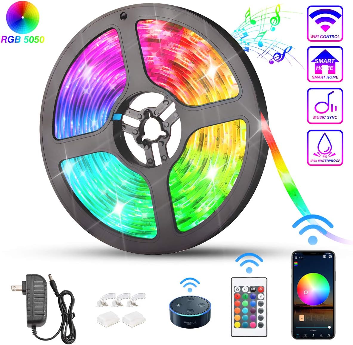 KATUR LED Strip Lights 16.4ft, IP65 Waterproof 150 LEDs 5050 RGB, 16 Million Colors, Smart WiFi APP and 24 Keys Controller Control, Works with Alexa Google Assistant Music Timed Dimmable Strip Lights