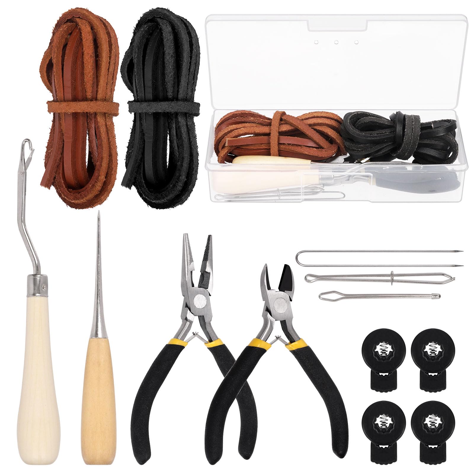 Keadic 13Pcs Softball and Baseball Glove Replacing Kit Contains 79 Inch Leather Laces, Lacing Needle, Drawstring Threader and Glove Locks, Scratch Awl, Mitts Glove Care Set for Baseball Lovers