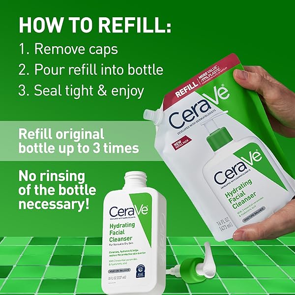 CERAVE HYDRATING FACIAL CLEANSER, MOISTURIZING FACE WASH FOR DRY SKIN, HYALURONIC ACID + CERAMIDES + GLYCERIN, HYDRATING CLEANSER FOR NORMAL TO DRY SKIN, 16 OUNCE REFILL