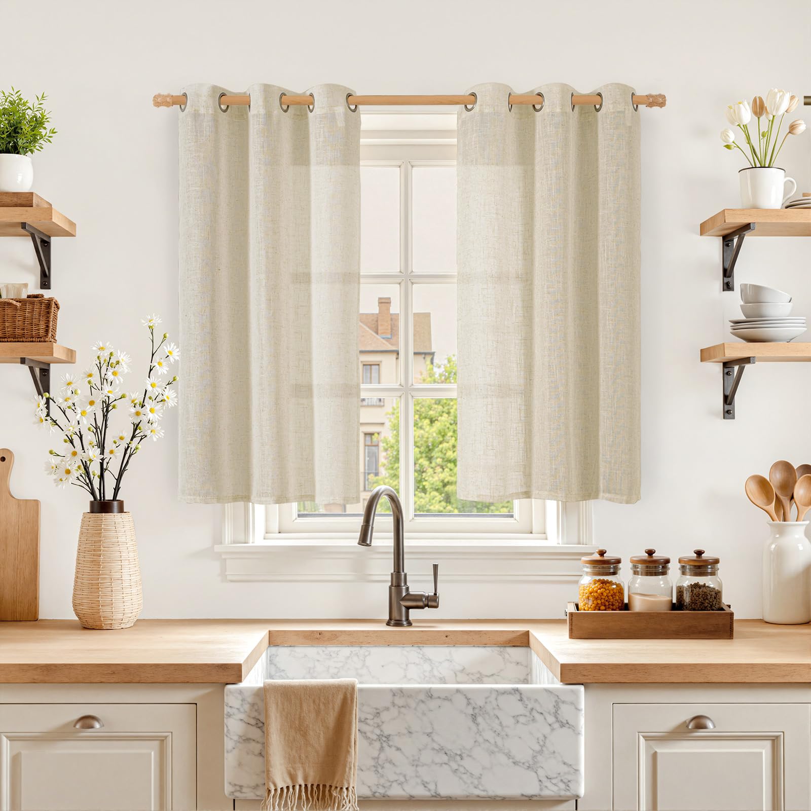 Photo 1 of LAMIT Short Linen Curtains 40 Inch Length for Kitchen, Semi Sheer Light Filtering Window Curtains Farmhouse Boho Bronze Grommet Panels for Cafe/RV Camper, Linen, 2 Panels, 34 x 40 Inch