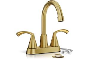 Phiestina Brushed Gold 4 Inch Centerset 2 or 3 Holes Bathroom Sink Faucet, Modern Vanity Faucet with 360 Swivel Spout, Metal Pop-up Drain and Water Supply Lines, JC180-BG