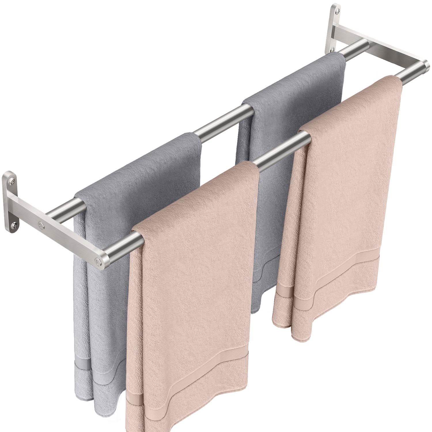 YUMORE Double Towel Rail Wall Mounted 60CM Bathroom Towels Holder Stainless Steel Dual Rod Long Bath Sheet Bar Rack for Bathroom Toilet, Brushed