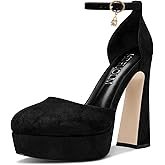 HDEUOLM Womens Chunky Block High Platform Heel Round Toe Closed Toe Pumps Two-Piece Ankle Strap Buckle Party Cute 5.3 Inches Heels