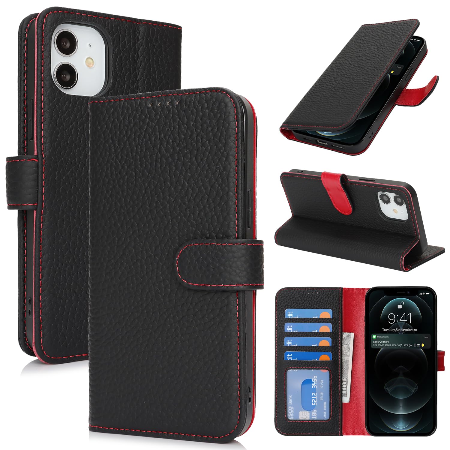 Zouzt Case for iPhone 12/12 Pro 6.1" Genuine Leather Wallet Case with 4 Card Slot, RFID Blocking Card Holder Magnetic Flip Folio Shockproof Phone Cover Women Men for iPhone 12/12 Pro - Black & Red