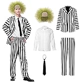 Joyesplay Black White Striped Set, Beatle Juice Cosplay Blazer with Wig Pants Tie, Halloween Costumes for Adults