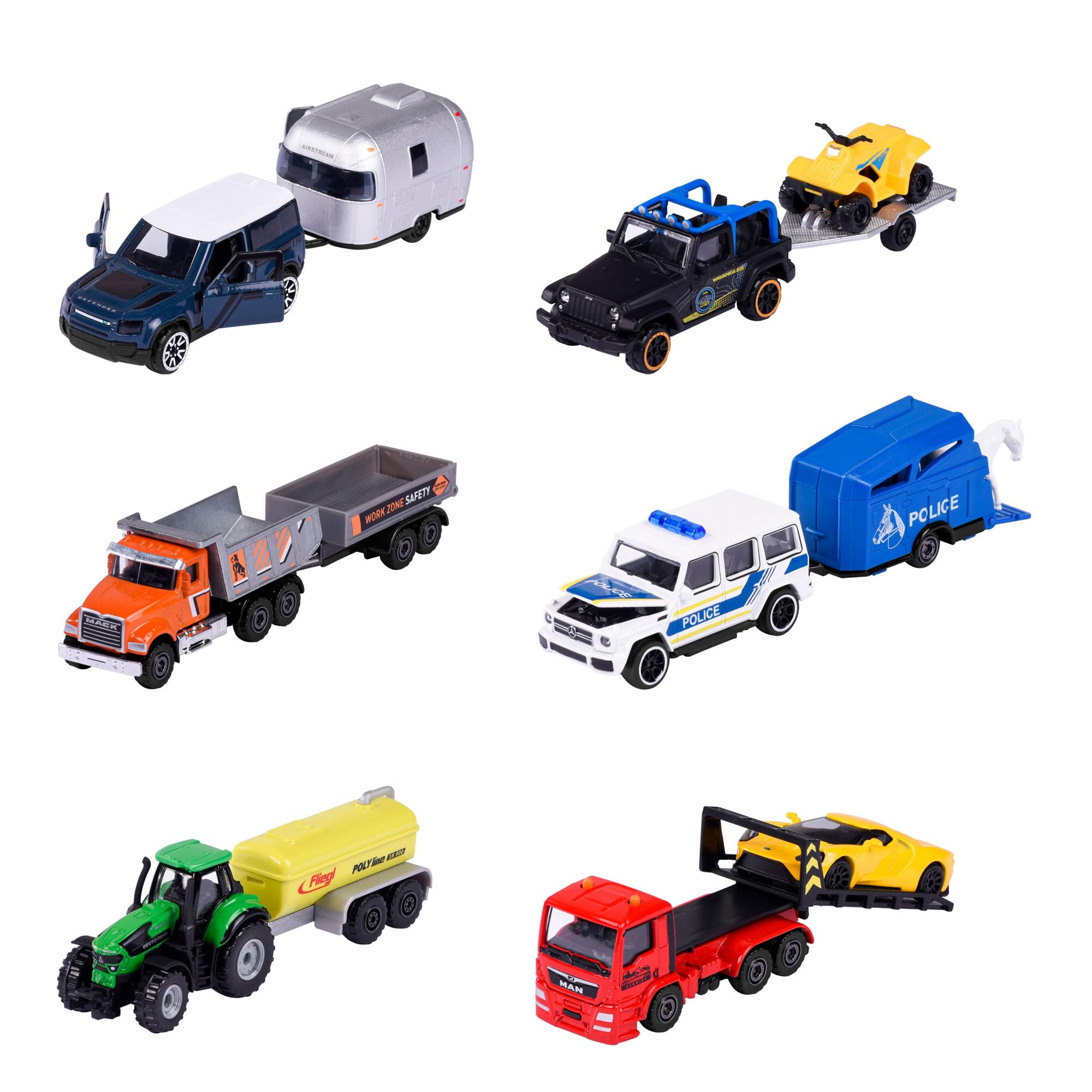 Majorette 212053154 Trailer Assortment, Toy Car with Trailer, Die-Cast Vehicle, Suspension, Opening Doors, Freewheel, 6 Different Models, Delivery: 1 Piece, Random Selection, 13 cm