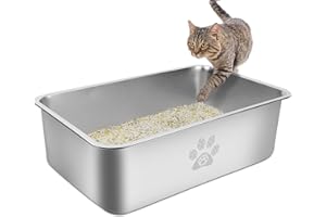 PWTAA Stainless Steel Cat Litter Box High Side Cats Toilet Metal Kitten Litter Pan, Pet Cleaning Tool for Big and Small Cats, Rabbits, Splash-Proof and Non-Stick Cat Poop Box odorless 23.6"x15.7"x7.9"